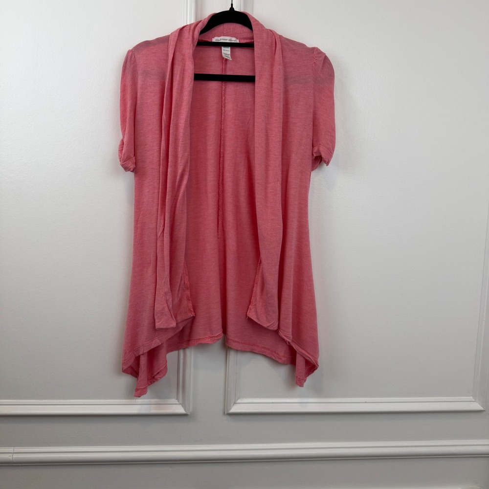 Ambiance Apparel Coral Pink Open Front Short Sleeve Draped Cardigan Large
